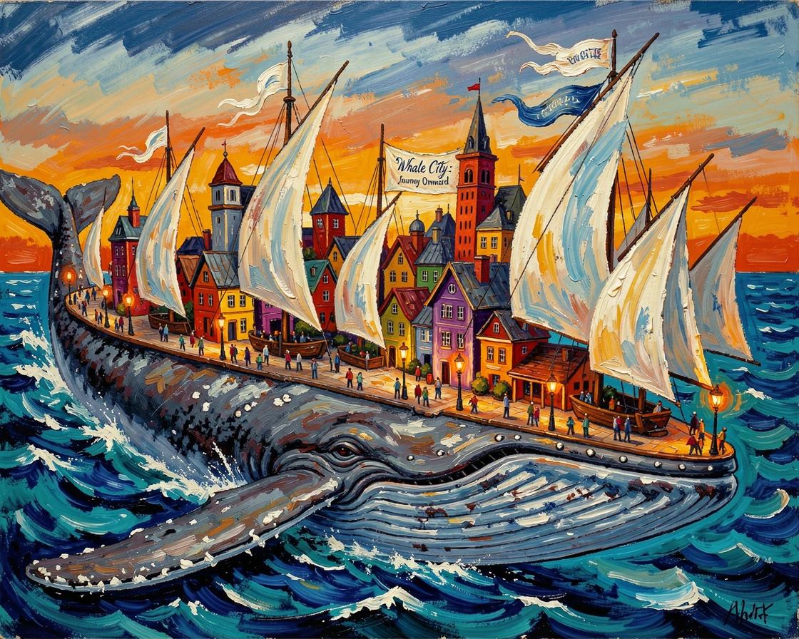 A city built atop the back of a giant migrating whale, sails catching the wind.