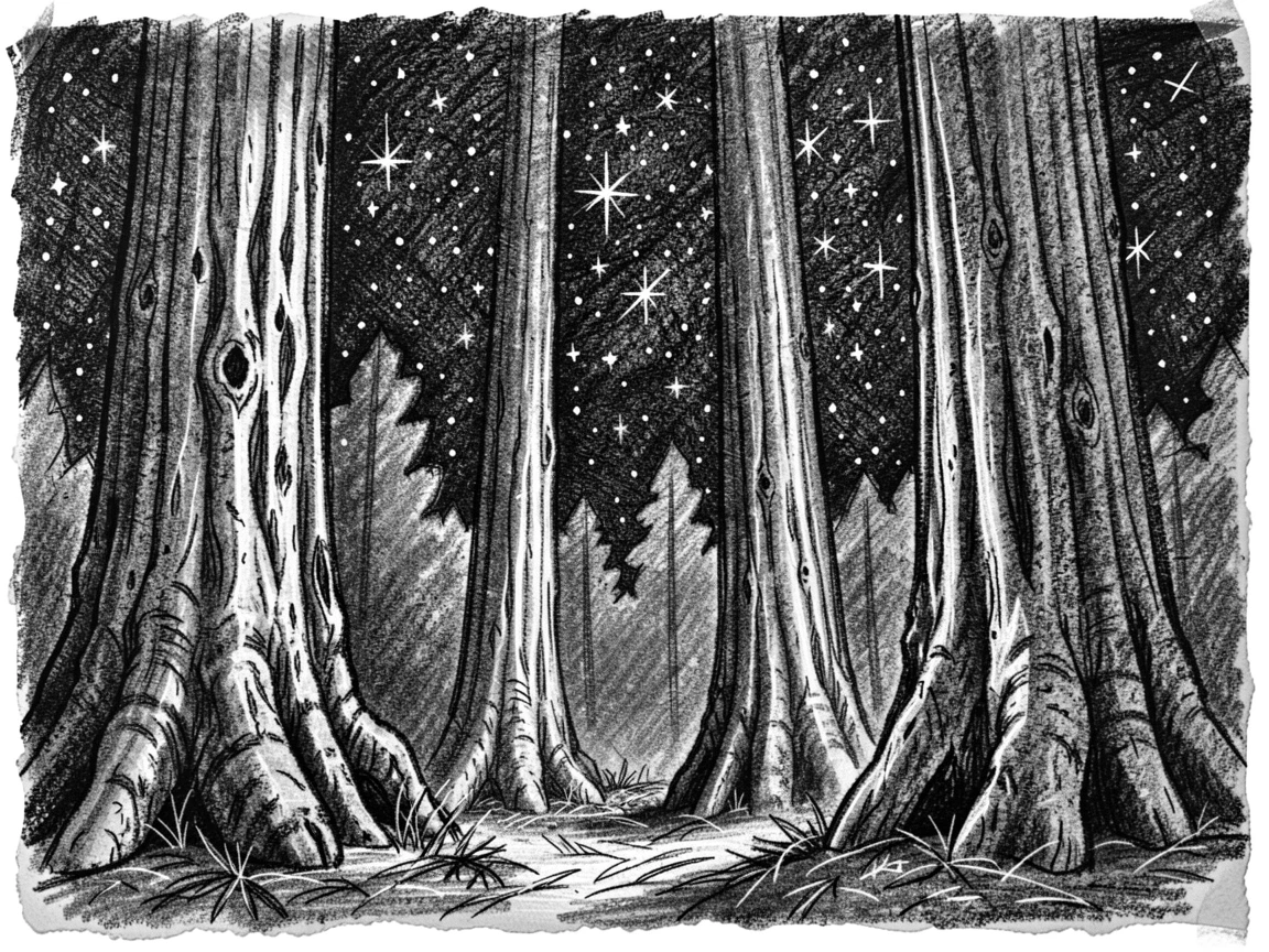 An ancient redwood grove beneath a canopy of stars.