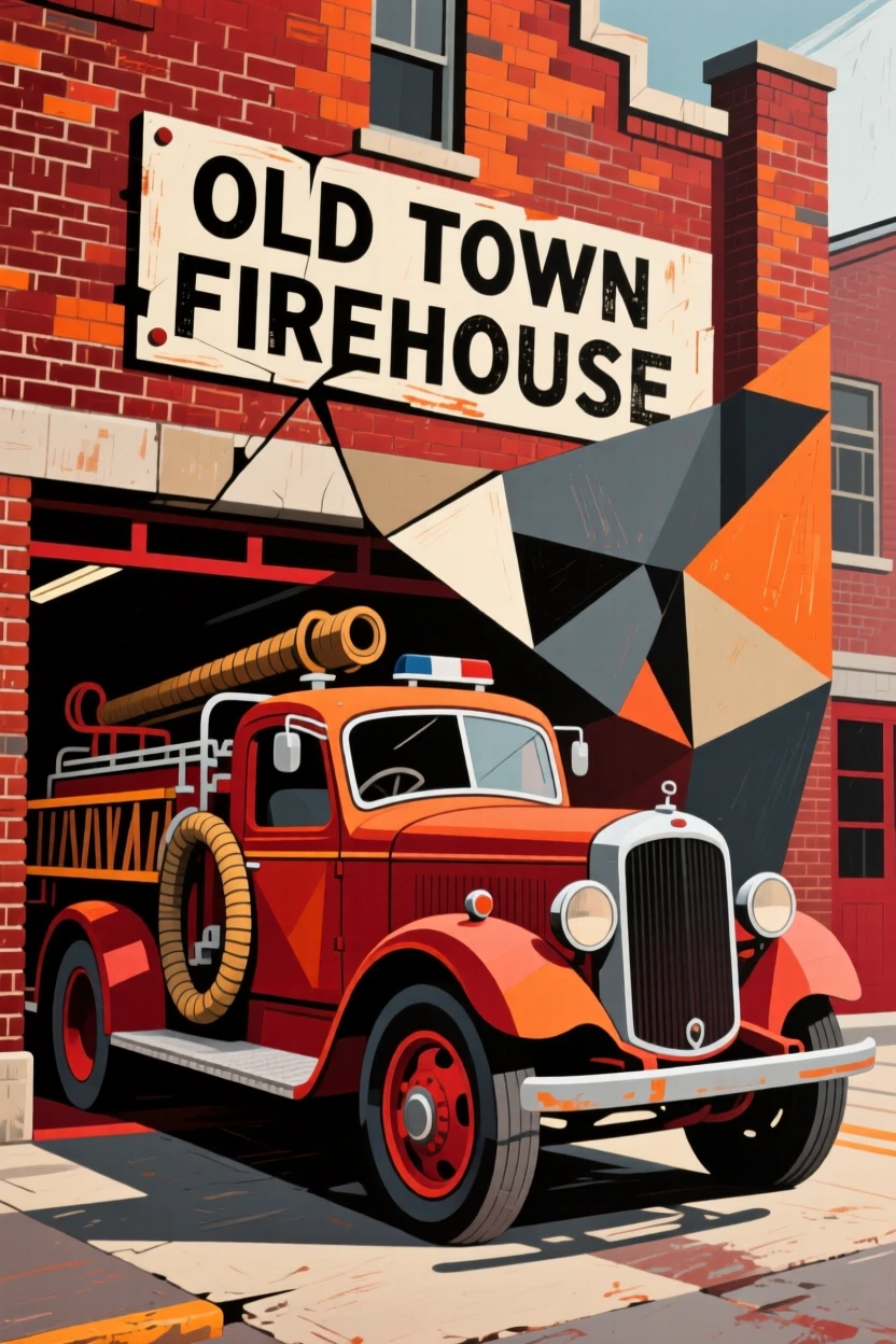 A nostalgic scene featuring a vintage fire engine parked outside an old brick station.
