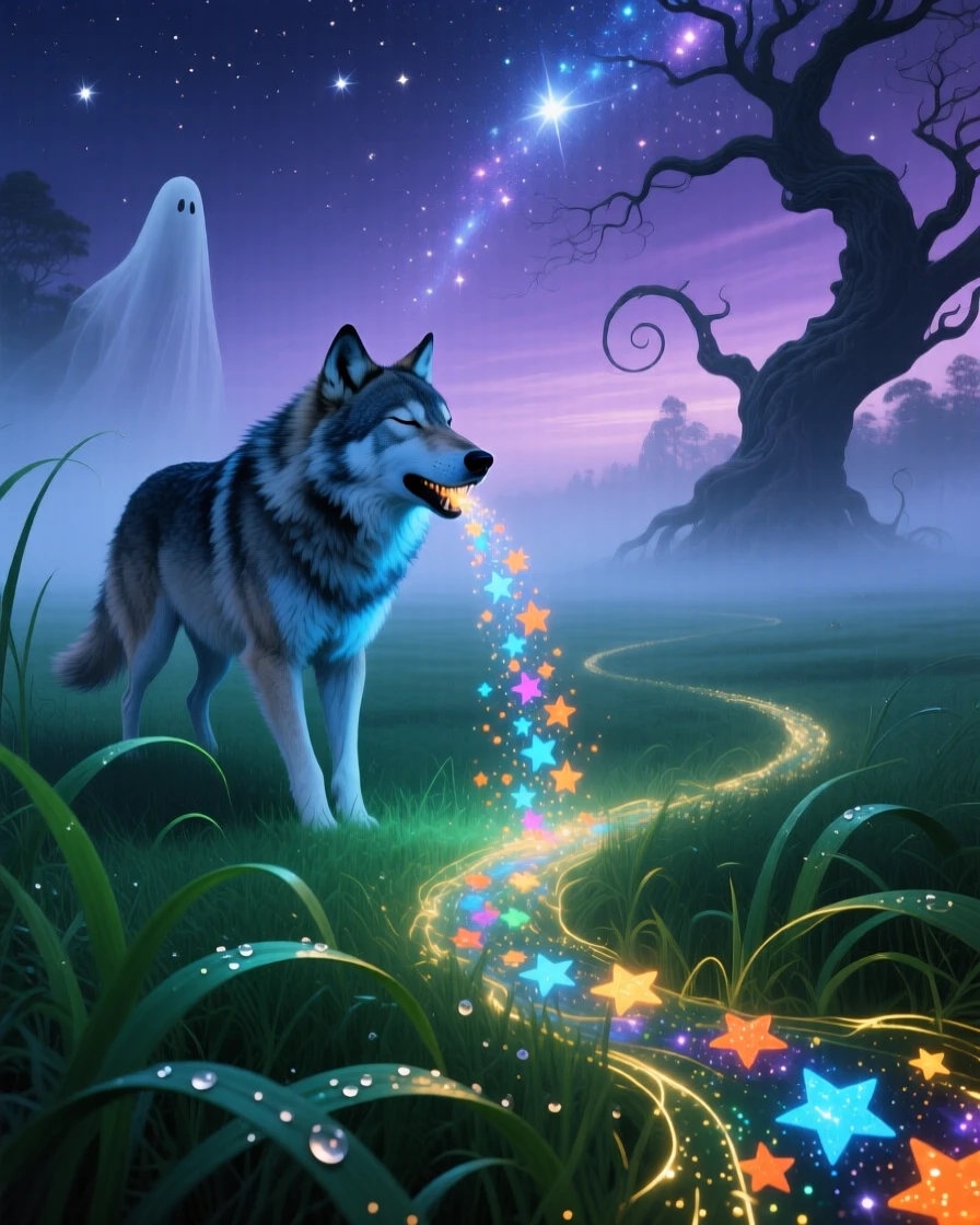 A wolf howling while stars pour from its open mouth moves silently through a fog-covered meadow, as the surrounding grass bends toward it in reverence.