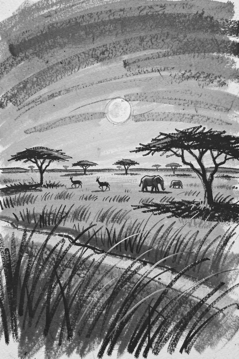 A sprawling savanna at sunset under the soft glow of the moon.