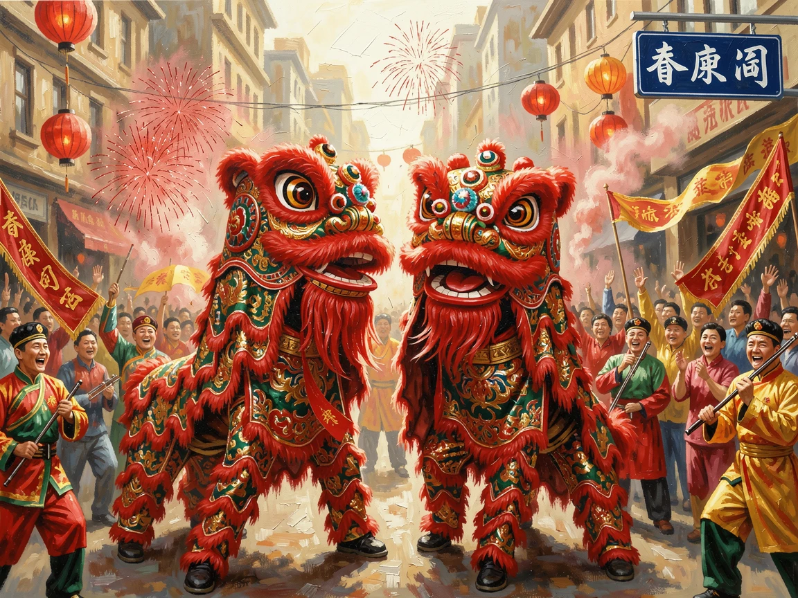 A traditional Chinese lion dance troupe performs energetically in a crowded street, the elaborate costume weaving between firecracker smoke, the atmosphere charged with music, movement, and a shared sense of celebration.