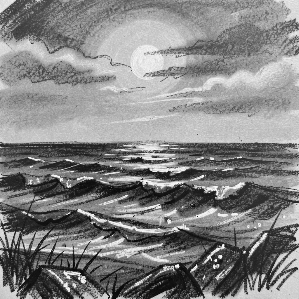 A moonlit ocean horizon as morning dew glistens on every surface.