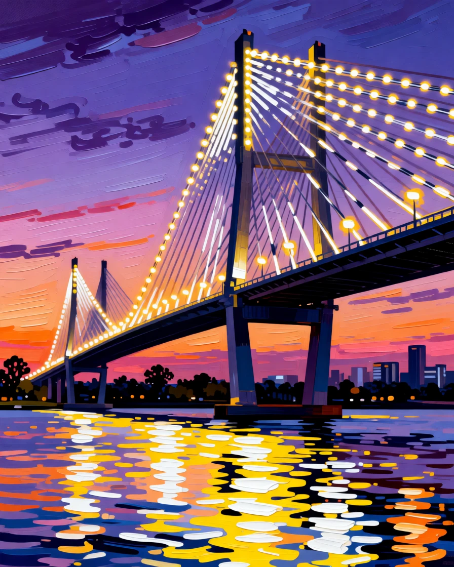 A modern cable-stayed bridge glowing at dusk, lights reflecting on the water below