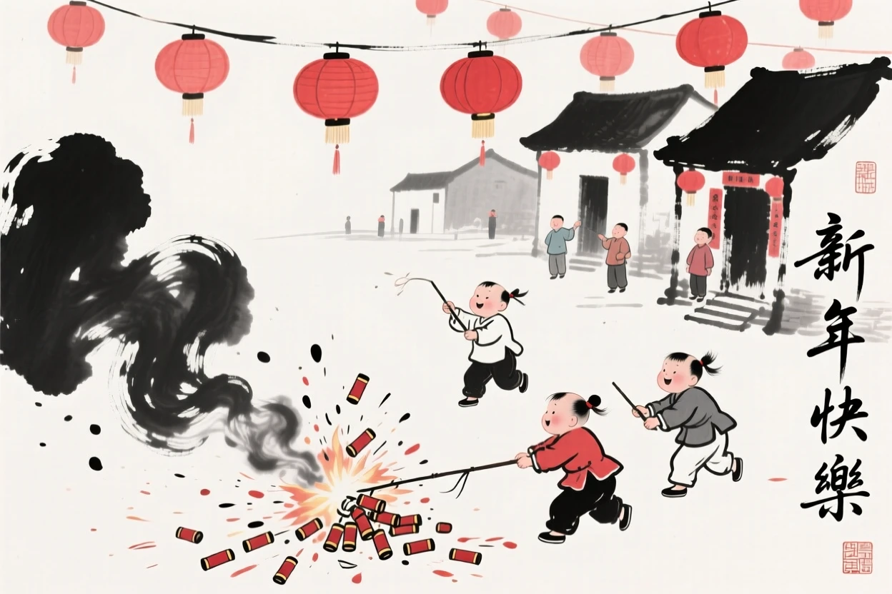 Children set off firecrackers in a village square during New Year celebrations, beneath strings of red lanterns swaying gently overhead.