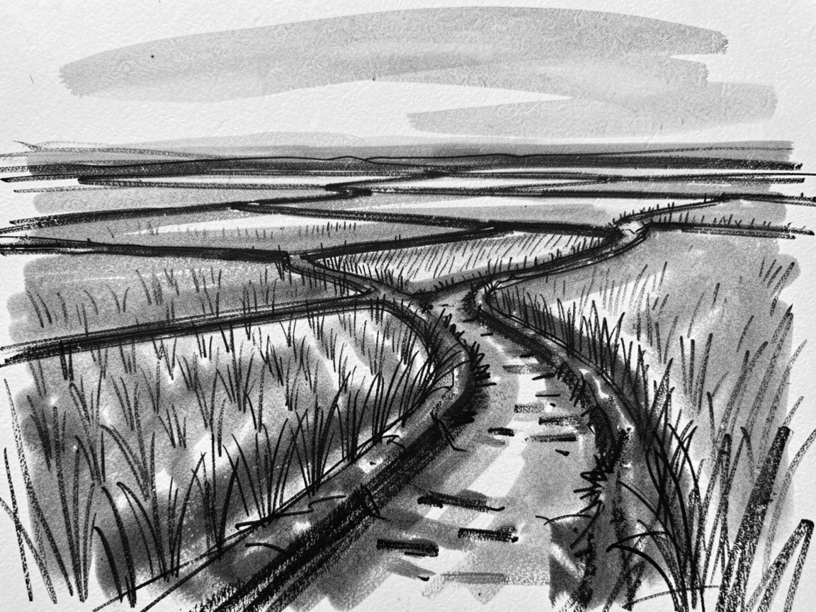 A quiet dawn over rice paddies with a lone winding path leading into the distance.