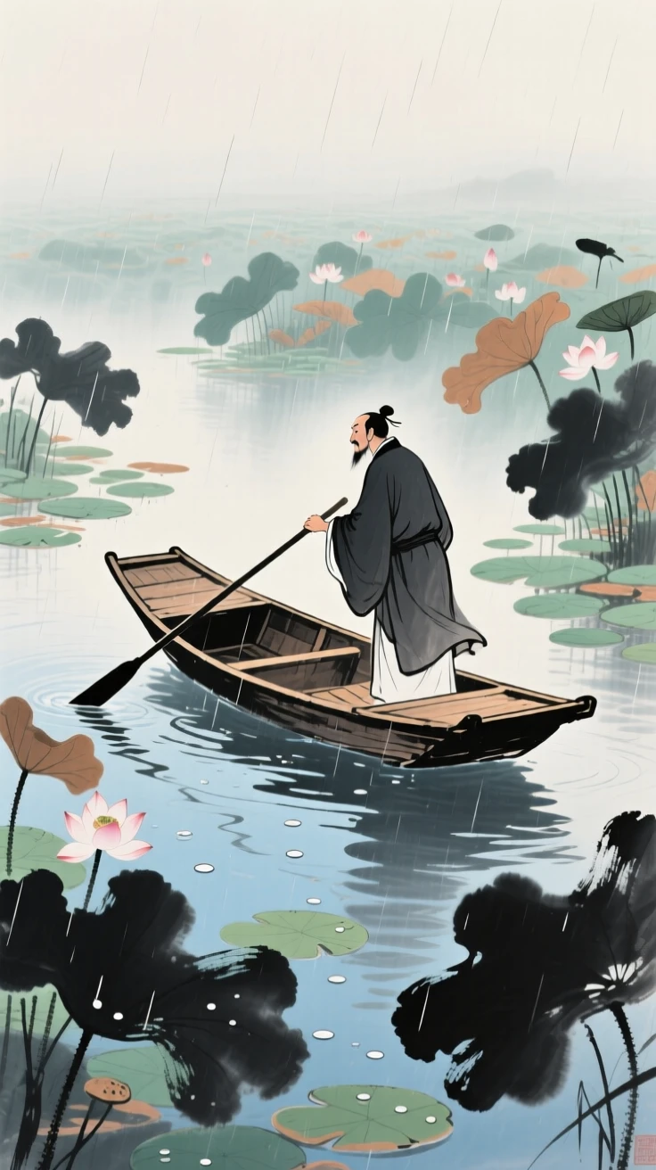 A boatman poling his craft gently through a field of lotus, just after a rain shower, suffused with quiet joy.