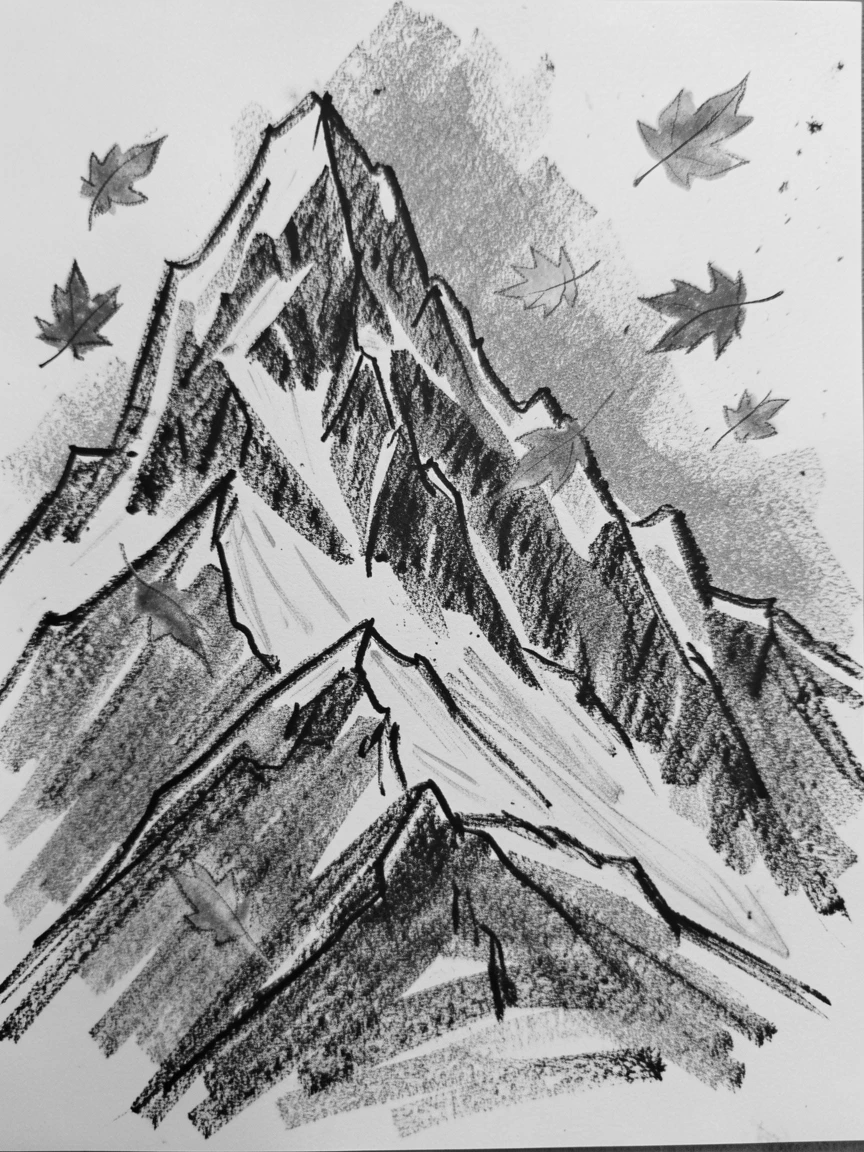 A snow-capped peak as autumn leaves drift on a gentle breeze.