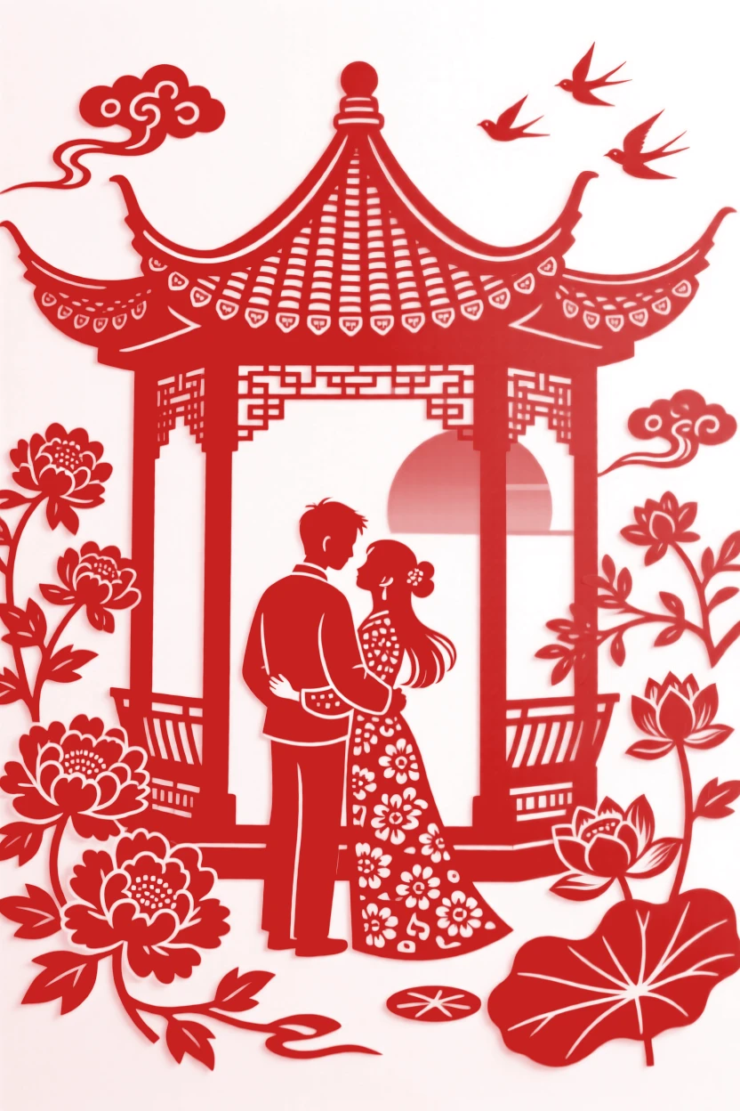 A couple watching a sunset from a garden pavilion, her head resting gently on his shoulder