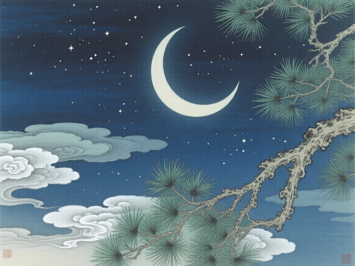 A crescent moon framed by pine branches, with wisps of cloud drifting past the stars