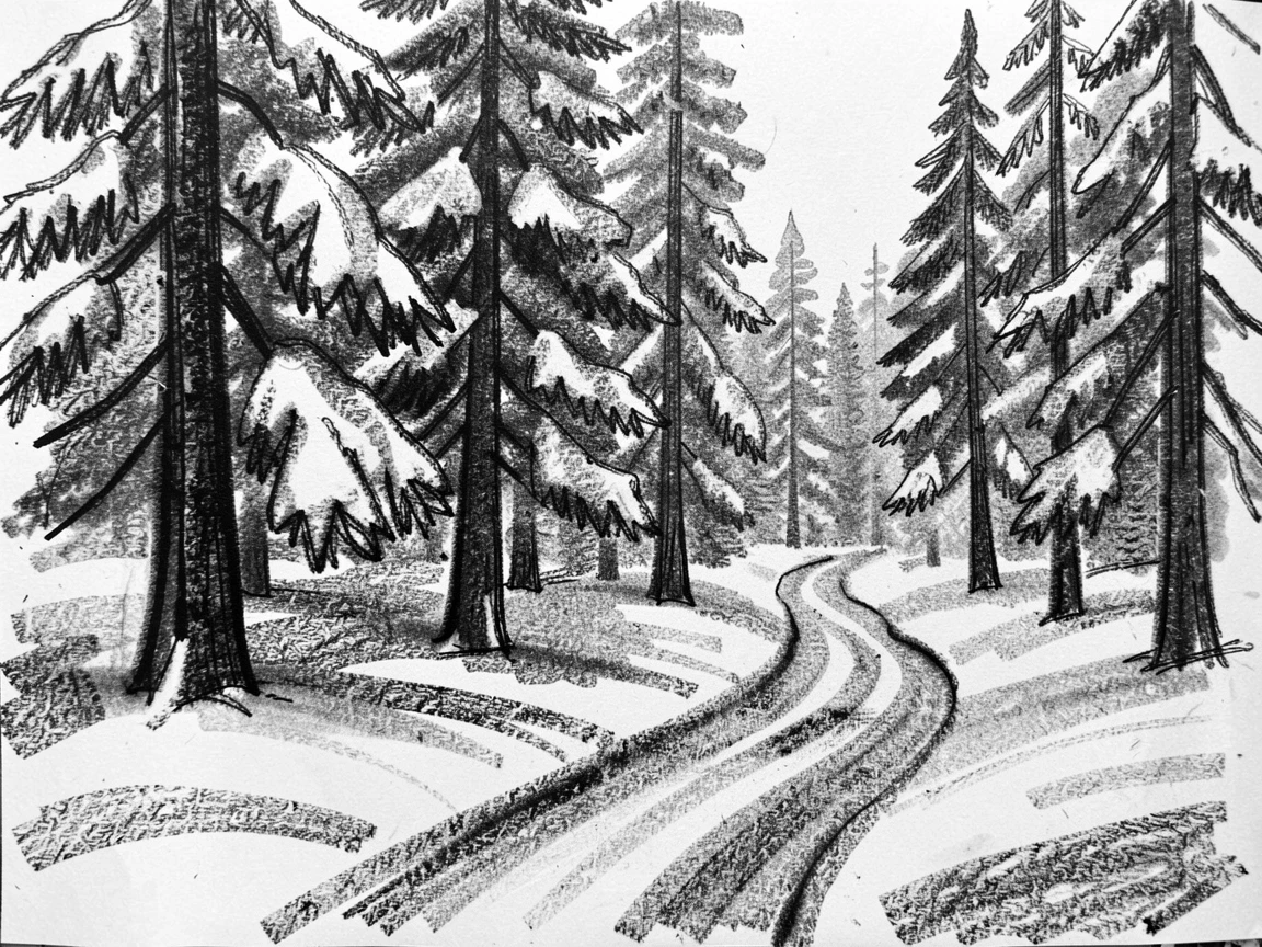 A pine forest blanketed in fresh snow with a lone winding path leading into the distance.