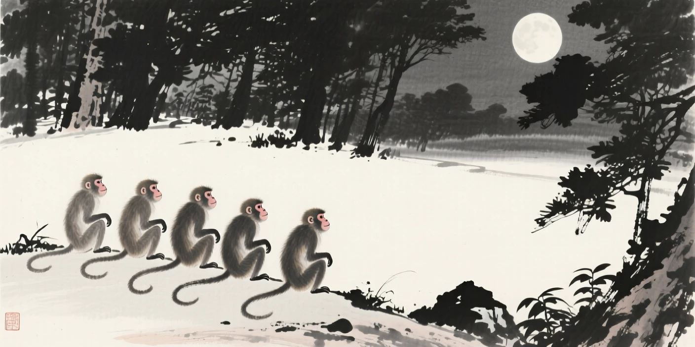 A troop of monkeys pausing at the edge of a quiet clearing in a moonlit clearing, seen from a respectful distance within its natural surroundings, evoking the gentle rhythm of the natural world.