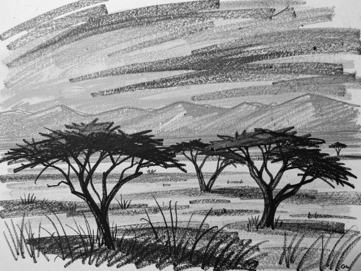 A sprawling savanna at sunset with distant mountains fading into blue haze.