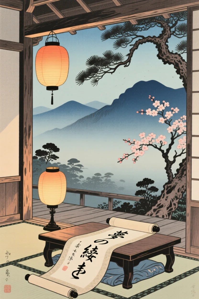 A glowing lantern on a porch beside a half-finished scroll.