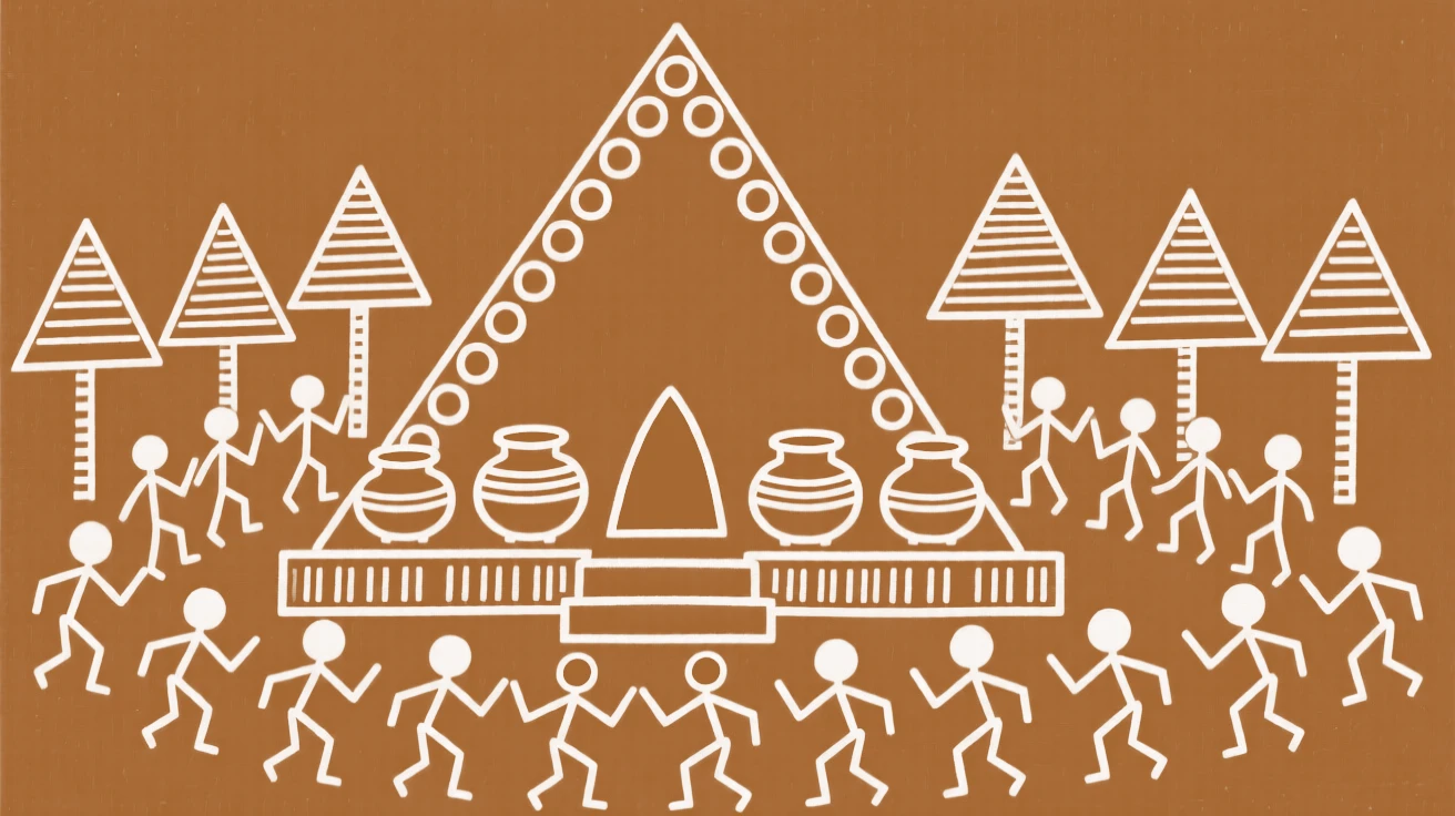 A composition centered on a mountain shrine decorated with garlands and ceremonial pots.