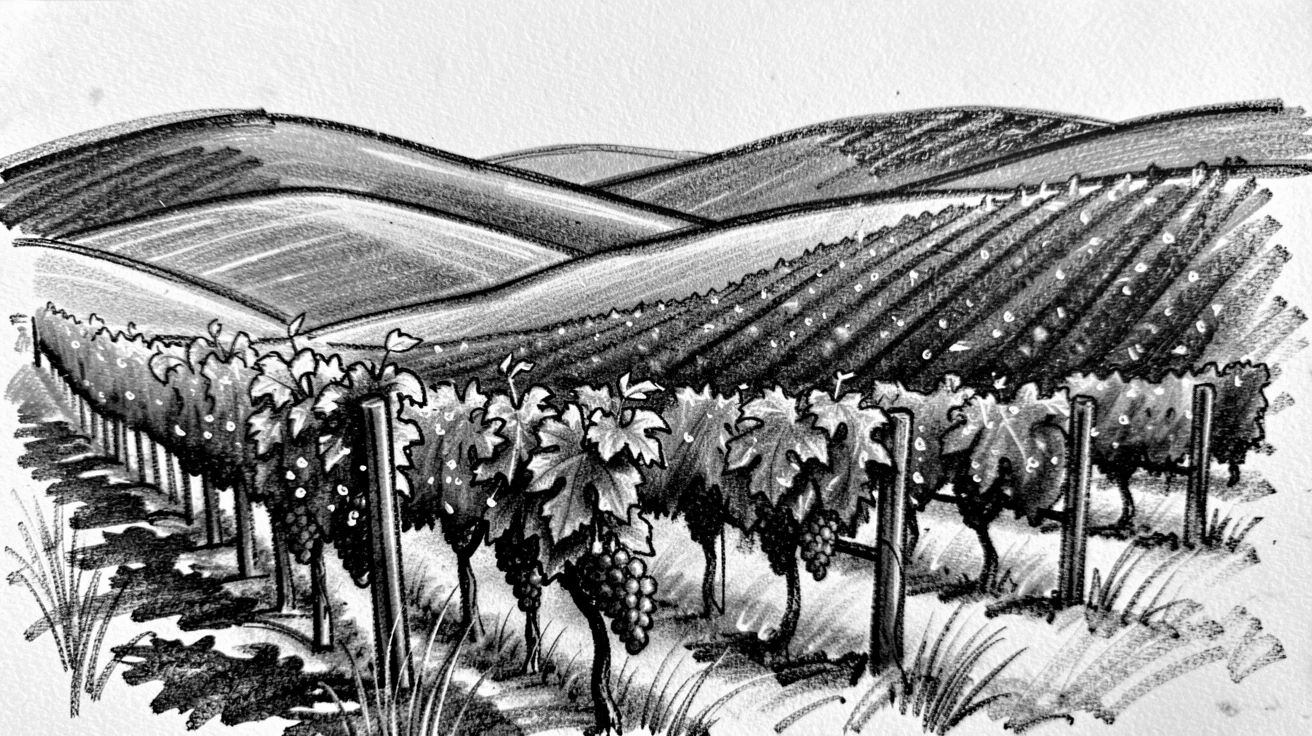 A rolling vineyard hillside as morning dew glistens on every surface.
