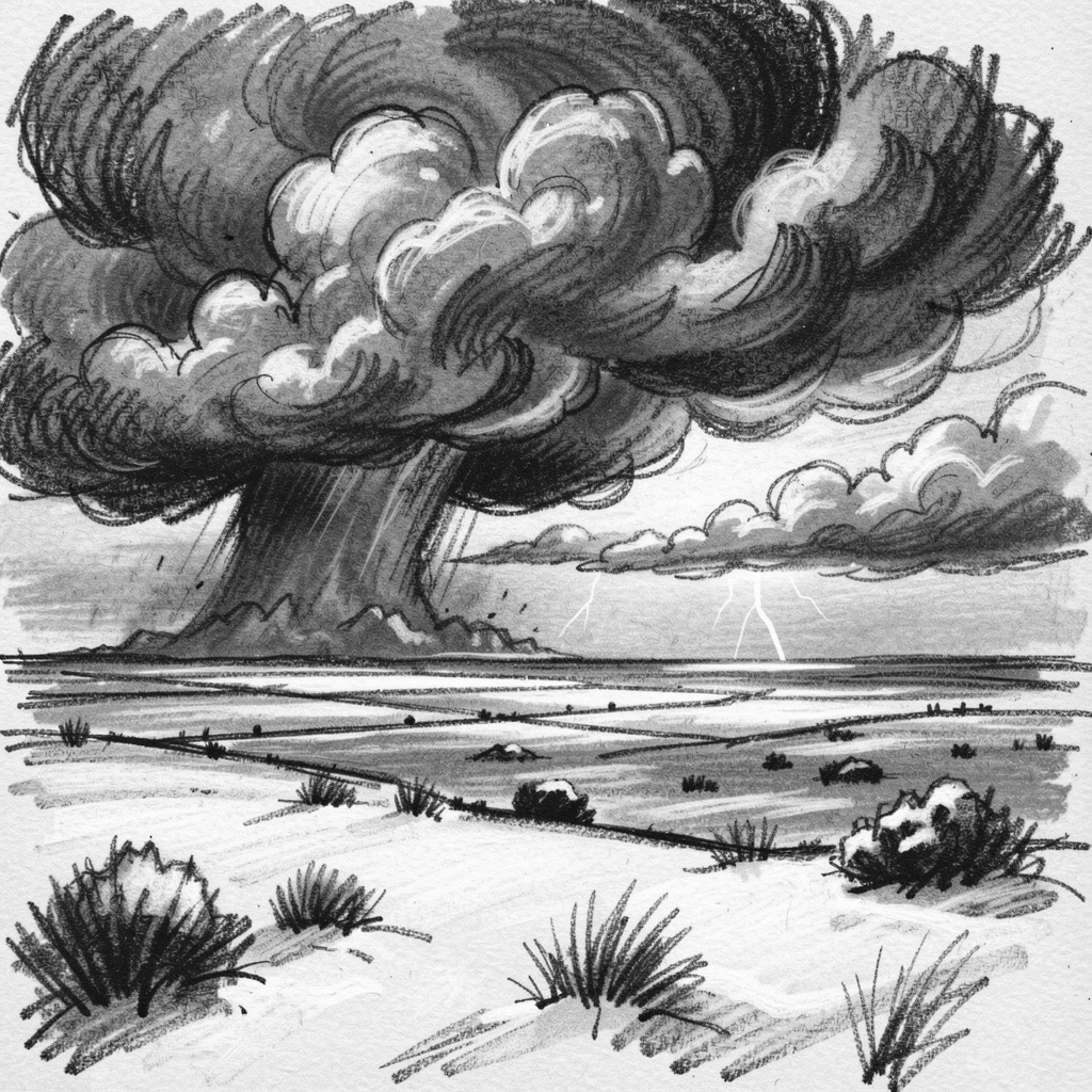 A dramatic thunderstorm rolling over open plains as a light snow begins to fall.