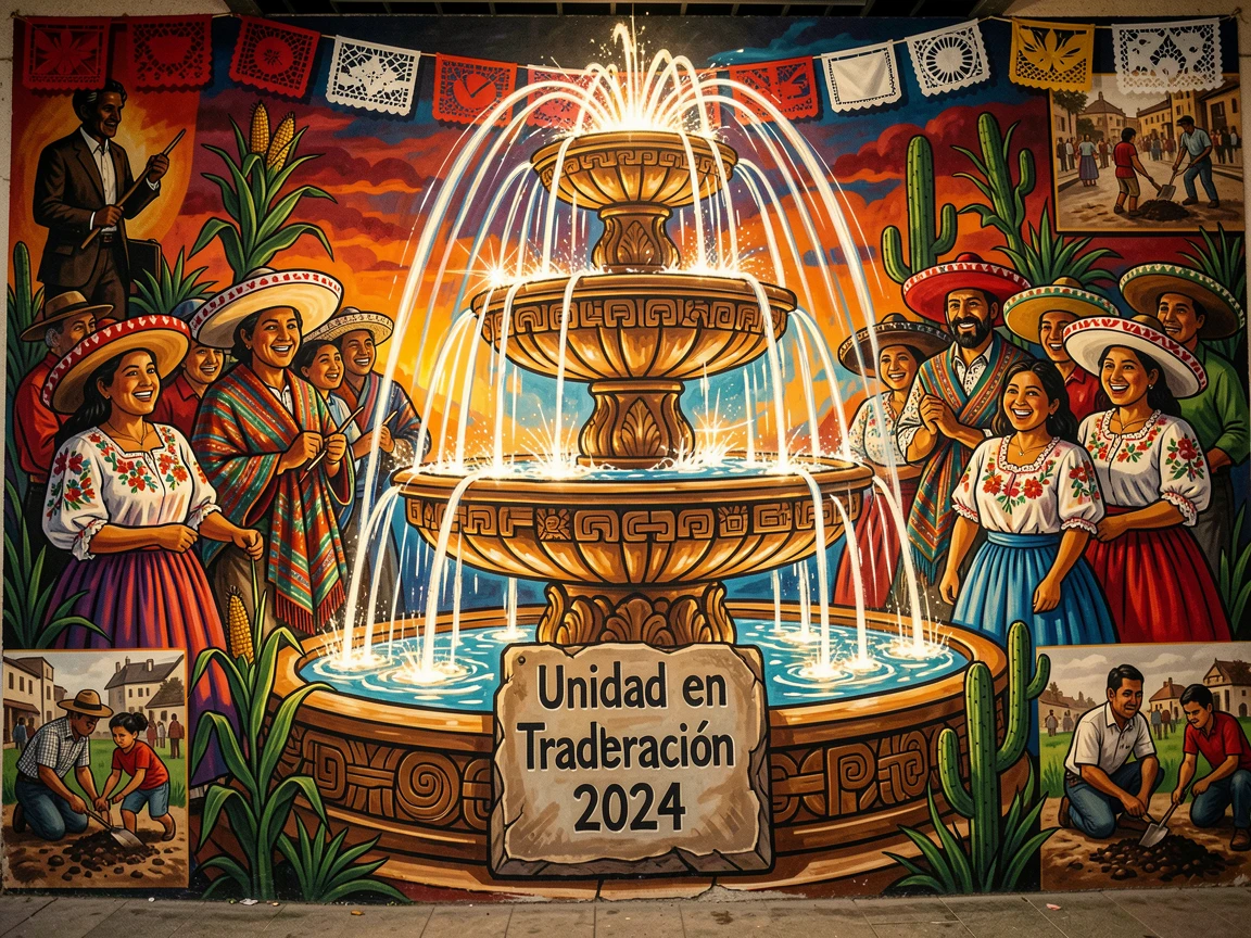 A grand city fountain illuminated for an evening celebration