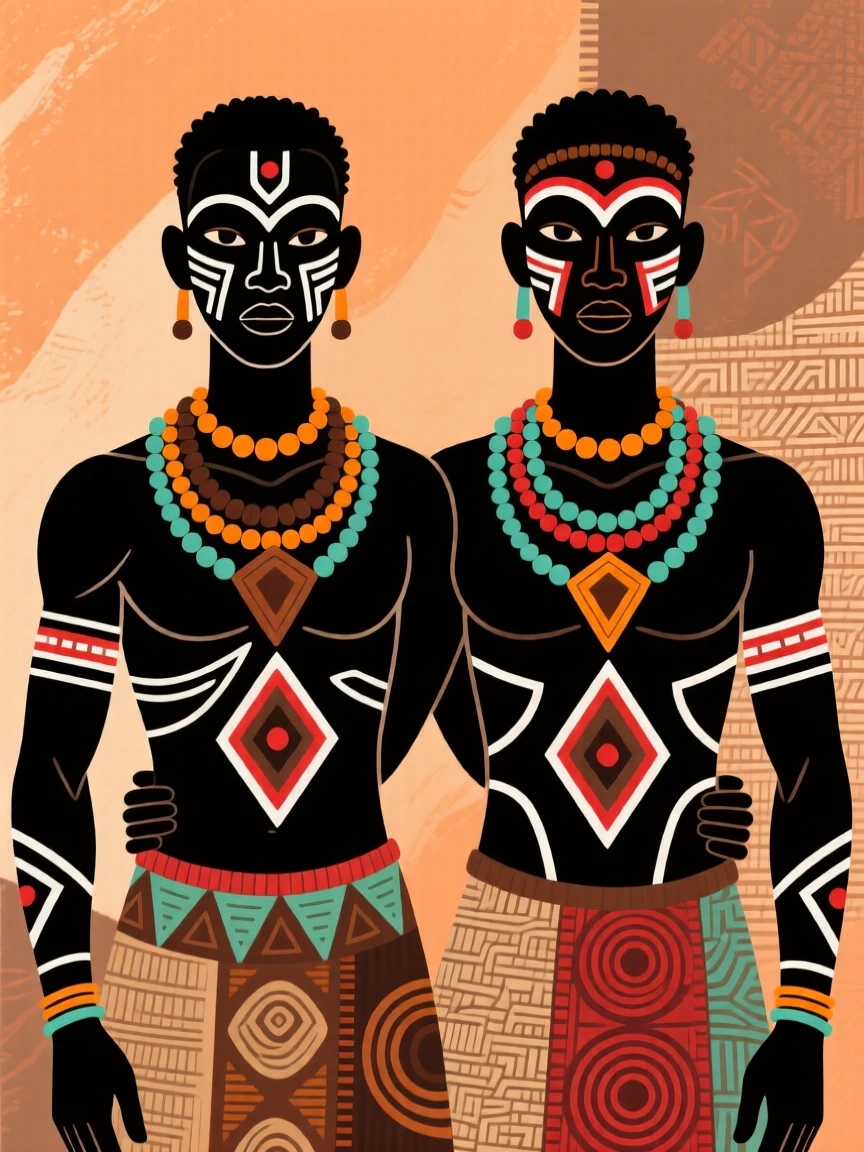 Twin brothers wearing matching beaded necklaces.