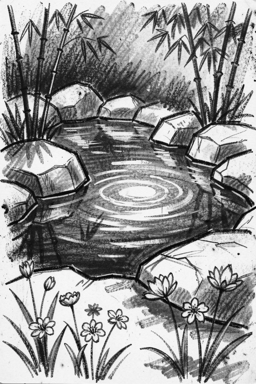 A tranquil Japanese garden pond with wildflowers scattered across the foreground.