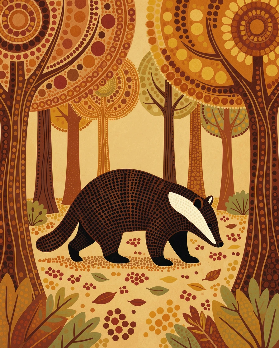 A badger wandering through an autumn woodland