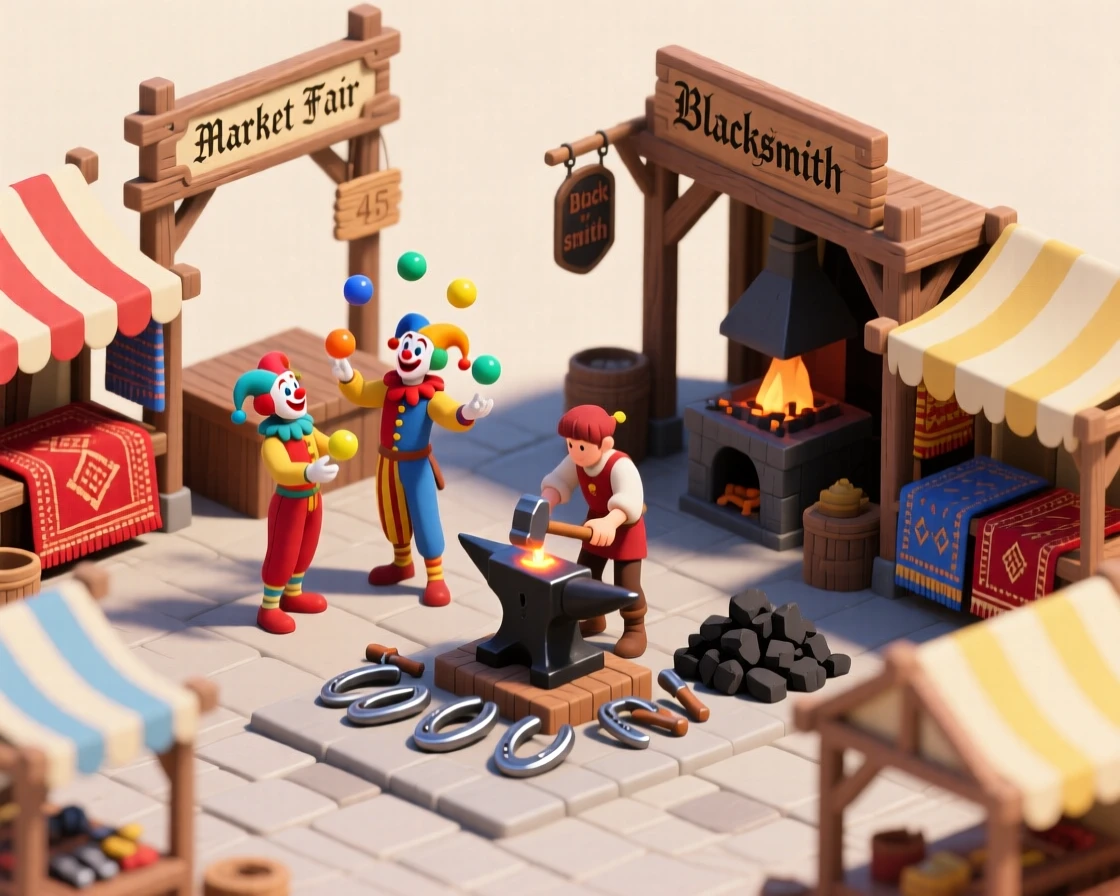 A medieval market fair with jesters performing, a blacksmith hammering horseshoes, and stalls selling colorful textiles.