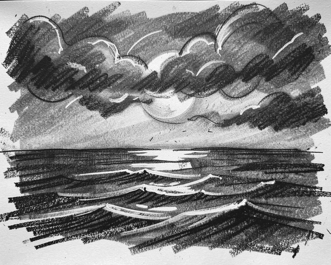 A moonlit ocean horizon with dramatic storm clouds gathering on the horizon.