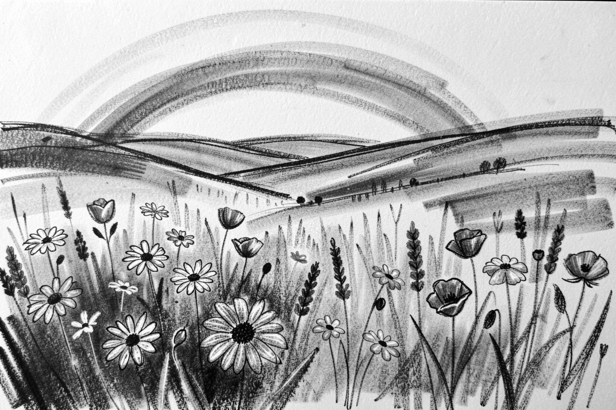 A field of wildflowers with a rainbow stretching across the valley.