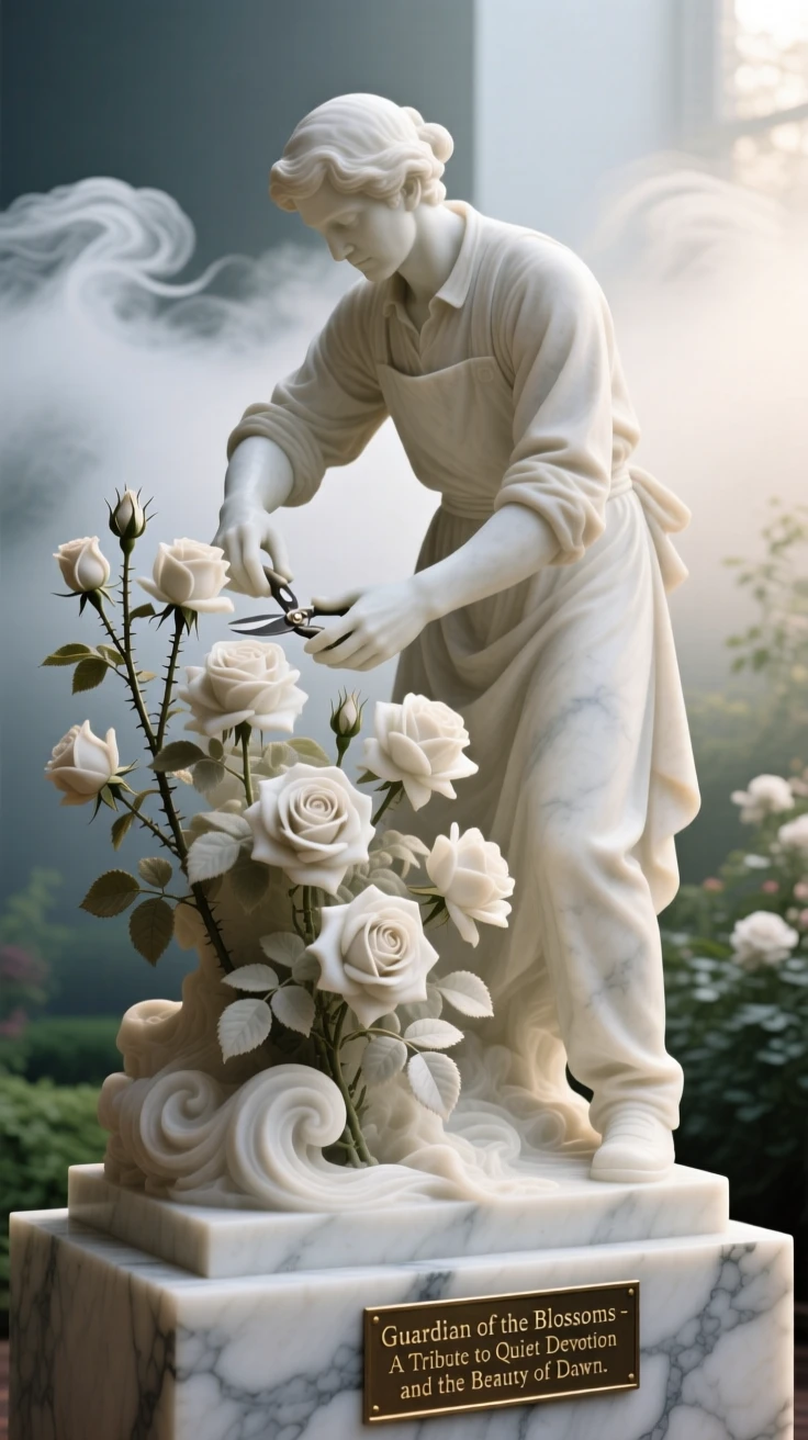 A beautifully composed image of a gardener tending roses in early morning light, amid swirling clouds and mist, full of atmosphere and visual storytelling