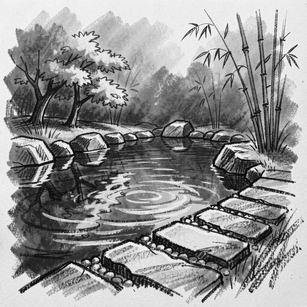 A tranquil Japanese garden pond with a lone winding path leading into the distance.
