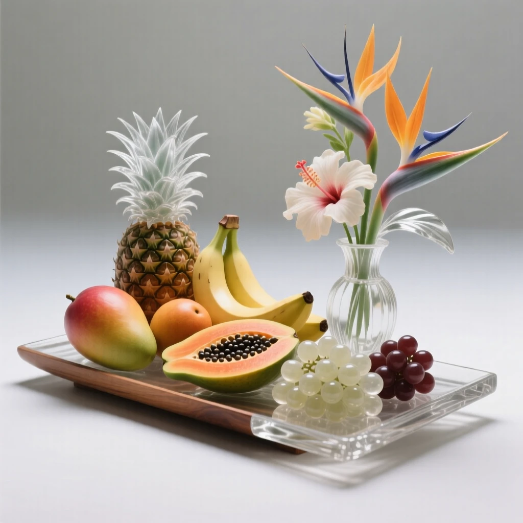 A spread of tropical fruit arranged on a wooden platter beside a small vase of freshly cut flowers