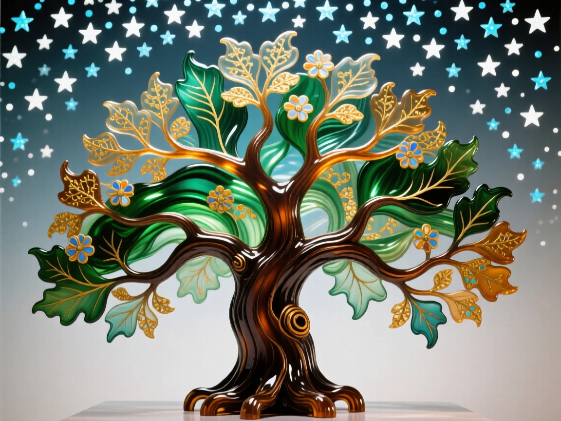 A grand old oak tree glowing beneath a blanket of countless stars, timeless and majestic.