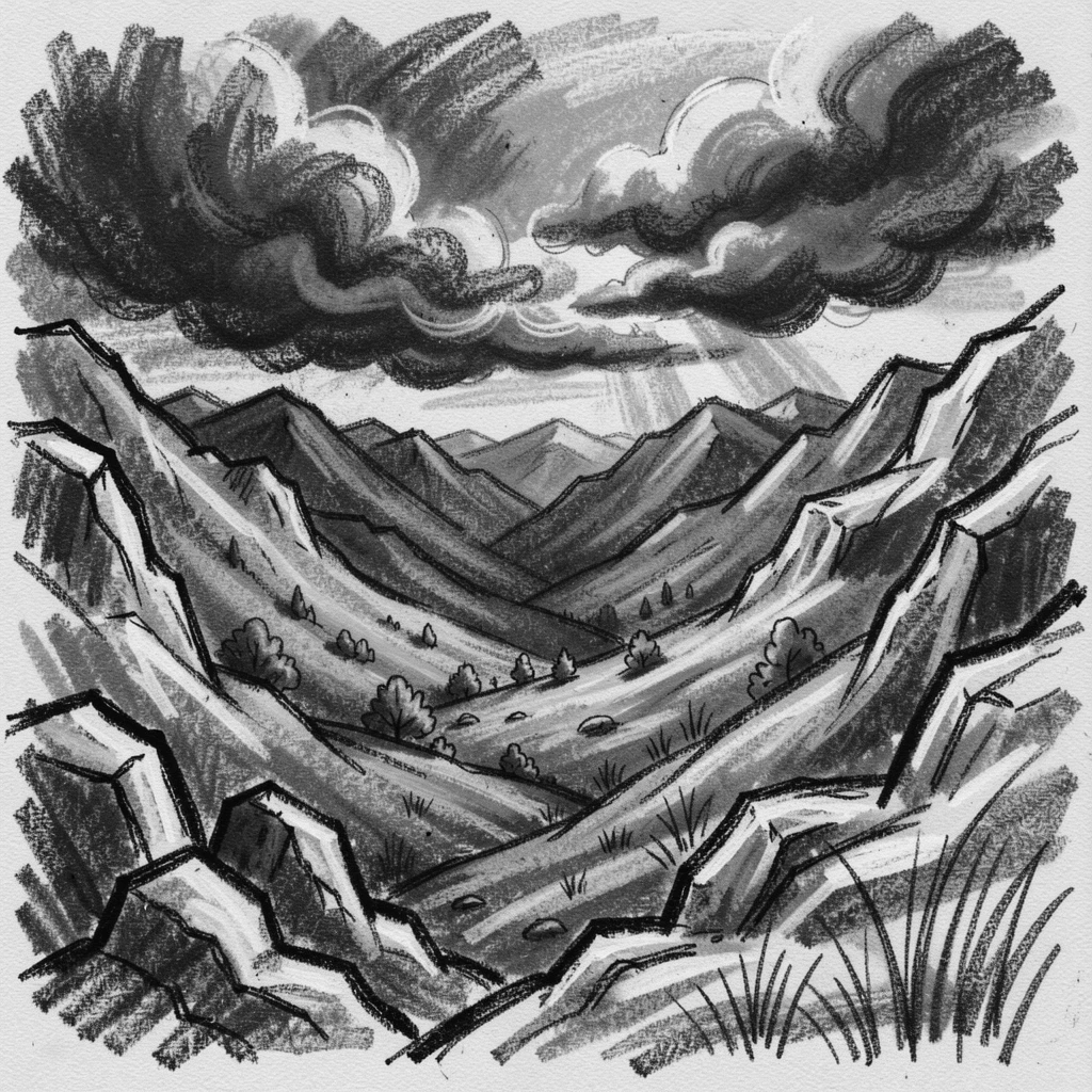 A hidden mountain valley with dramatic storm clouds gathering on the horizon.