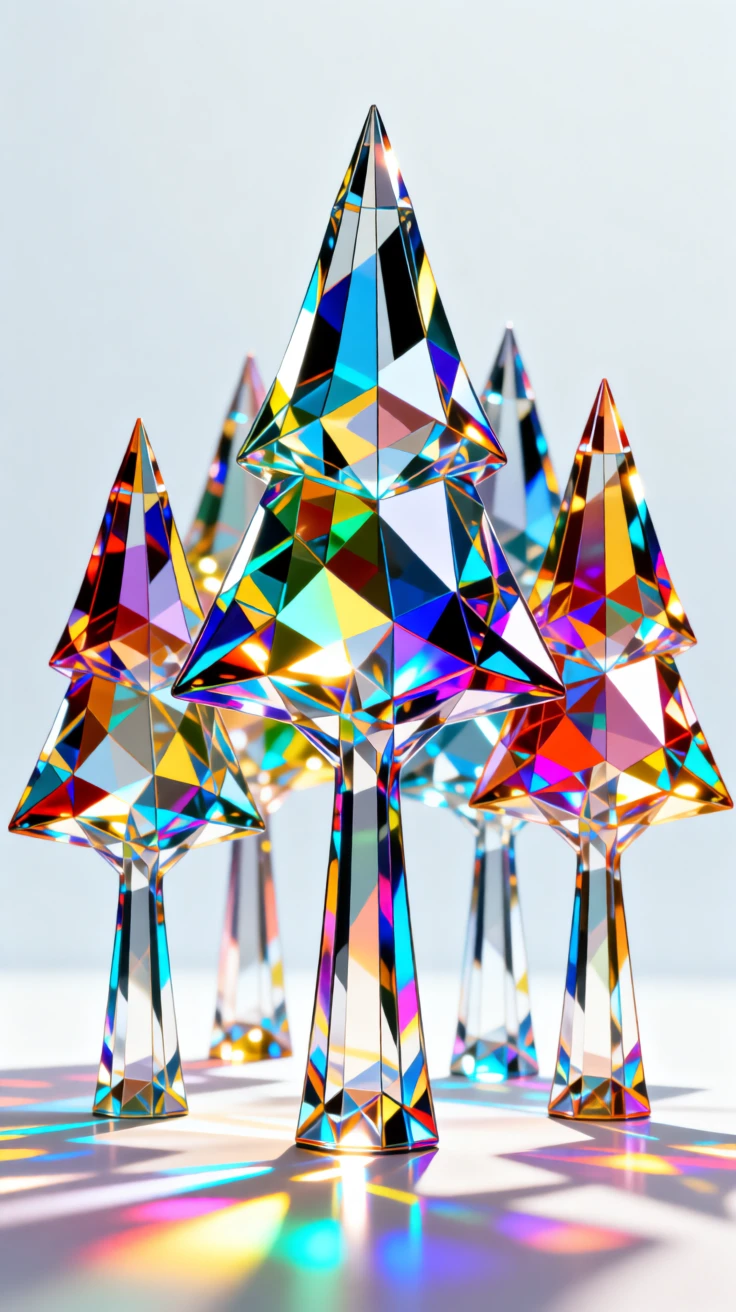 A dreamlike forest of glass trees reflecting a kaleidoscope of colors.