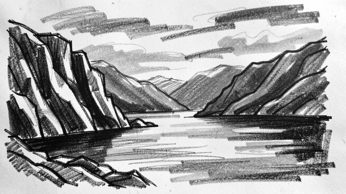 A quiet fjord as clouds drift lazily overhead.