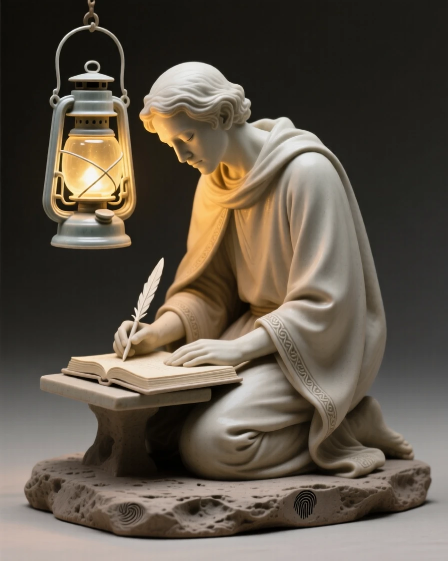 A poet writing beneath a lantern's glow kneeling with quiet, contemplative stillness, adorned with simple, elegant ornamentation, capturing a universal moment of human connection.