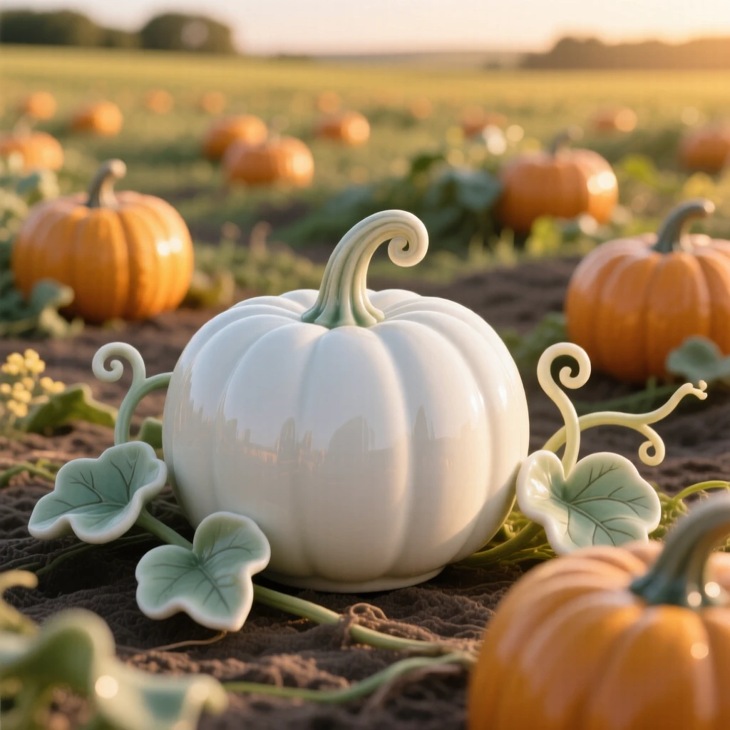 A cozy spring moment: a field of pumpkins at golden hour, full of gentle, cozy charm.