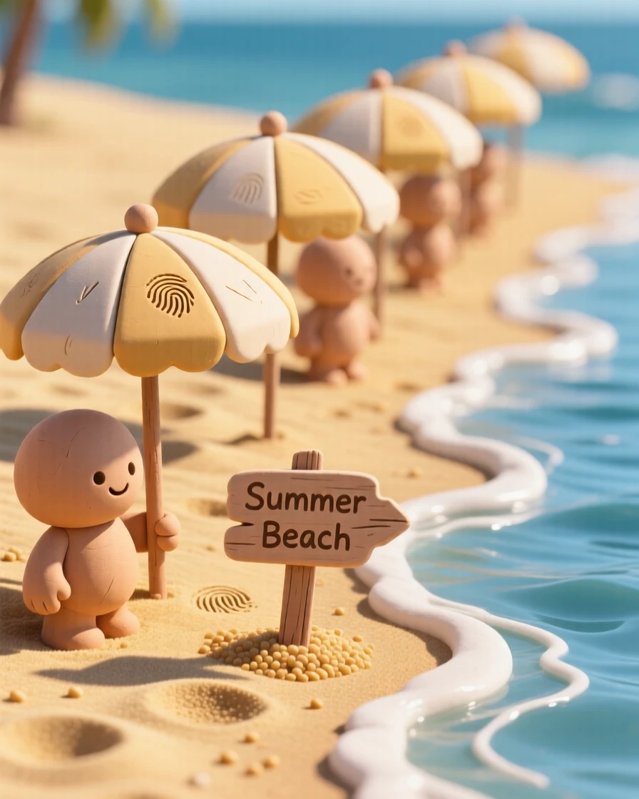 A summer beach umbrella row along a golden sandy shoreline