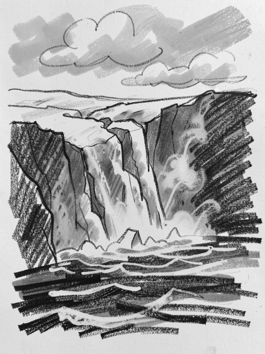 A glacier calving into the sea as clouds drift lazily overhead.