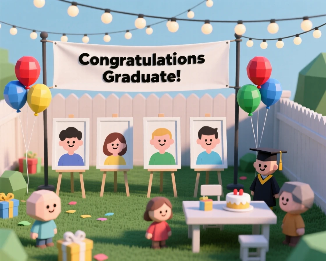 A festive graduation party fills a backyard with balloons, banners, and proud family portraits under strings of lights.
