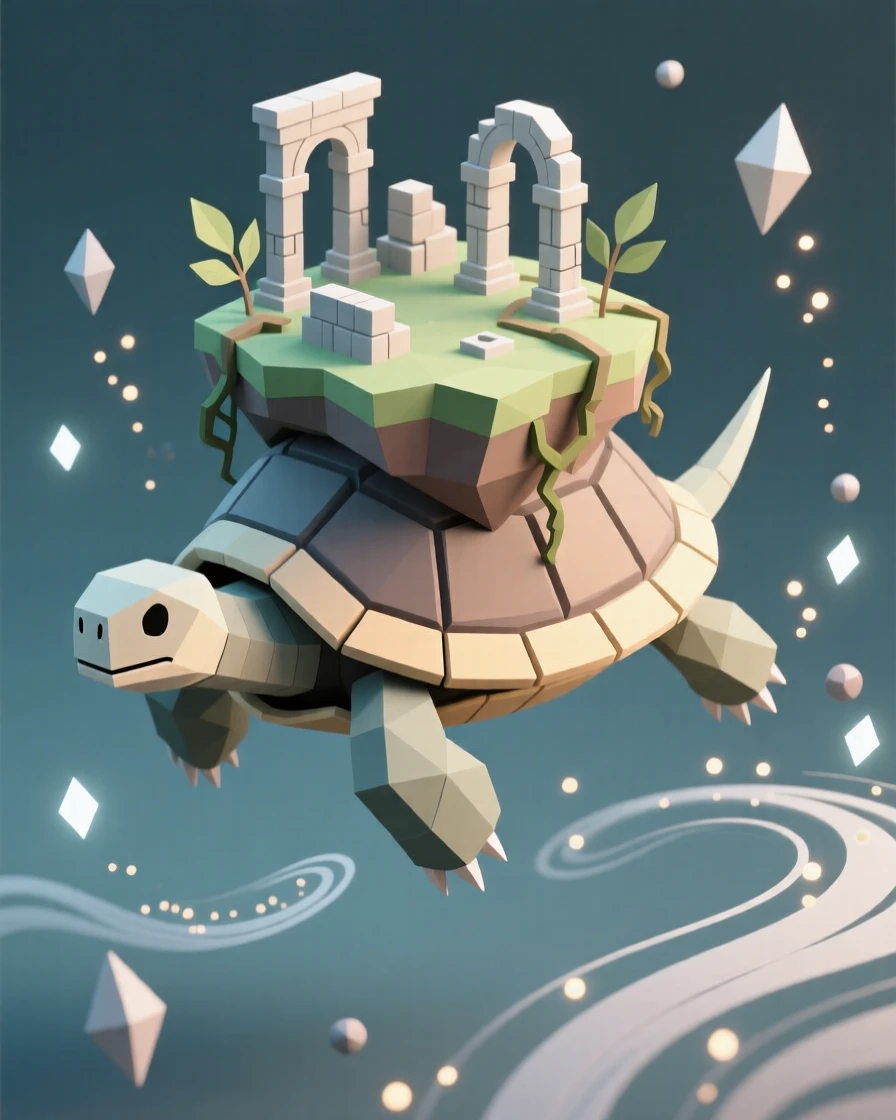 A colossal turtle carrying a floating island on its back, amid ancient ruins reclaimed by nature. swirling particles of light drift through the air. The atmosphere is epic and awe-inspiring.