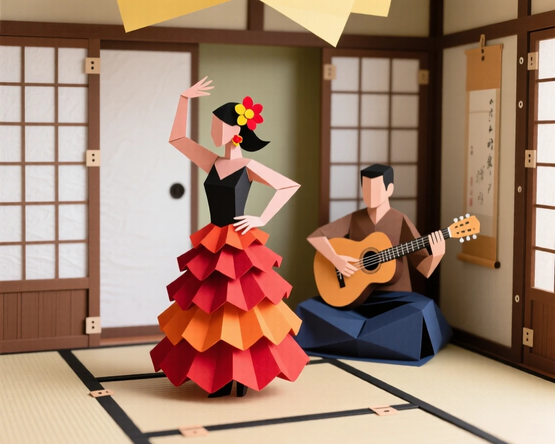 A vibrant flamenco performance practiced in a tranquil paper-screened room, with delicate details evident in every gesture, evoking timeless artistry and devotion.