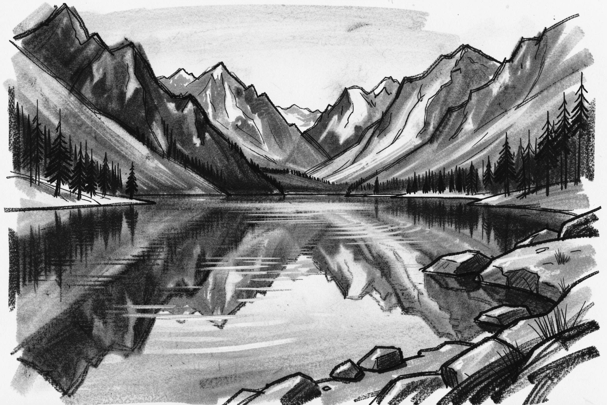 A tranquil alpine lake reflecting perfectly in still water below.