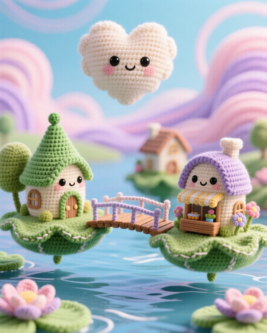 a miniature village built along a floating lily pad chain, with tiny bridges between pads, drifting slowly down a quiet river, beneath a swirling pastel sky, with a single drifting cloud shaped like a heart, evoking a dreamlike, storybook charm.