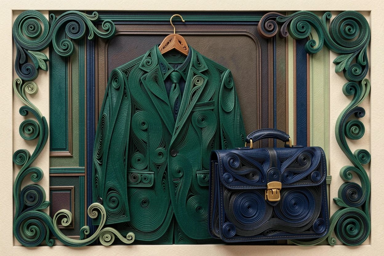 A sophisticated luxury scene of a tailored suit hanging beside a leather briefcase in a chic Parisian apartment, in deep jewel tones of emerald and sapphire, framed with an air of quiet, understated elegance.
