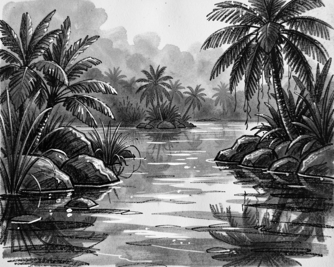 A tropical lagoon as morning dew glistens on every surface.