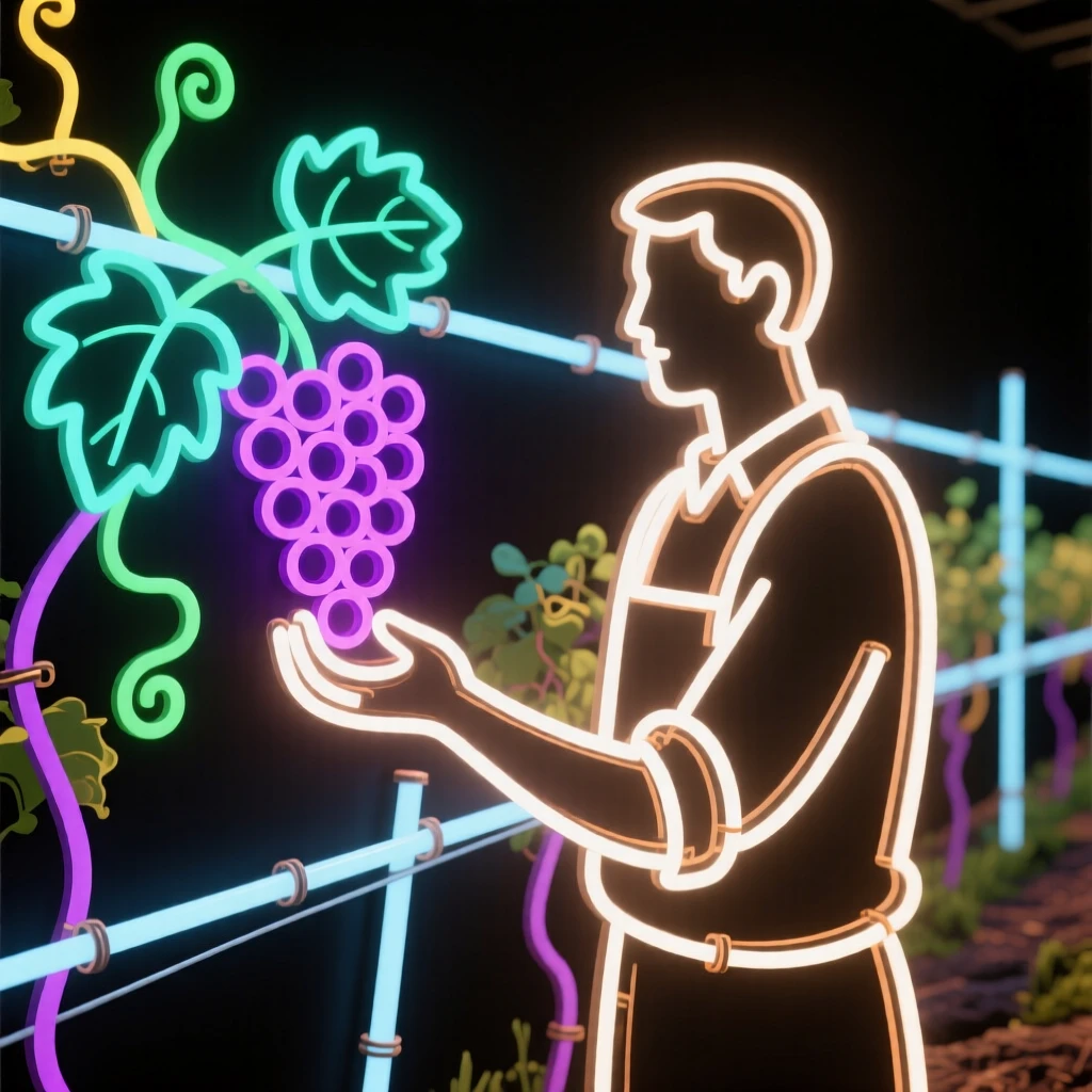 A vintner inspecting grapes in a sunlit vineyard row.