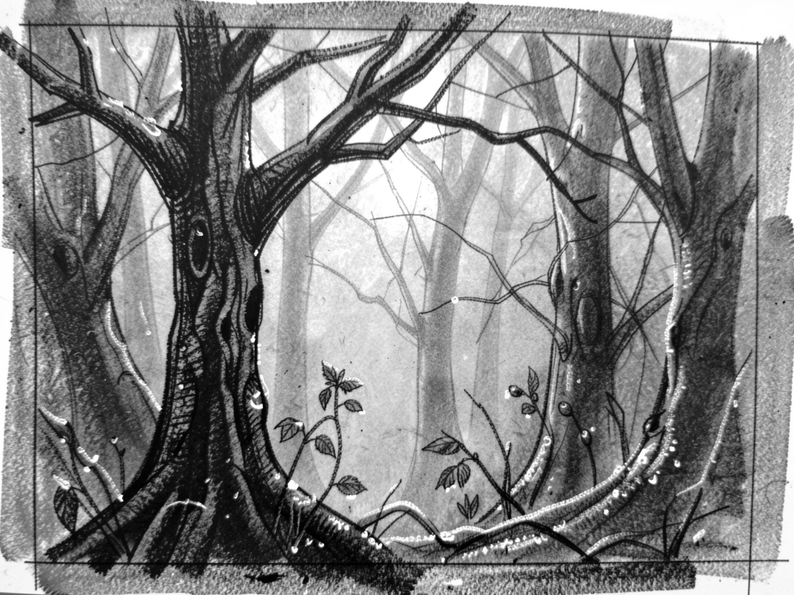 A dense misty forest as morning dew glistens on every surface.