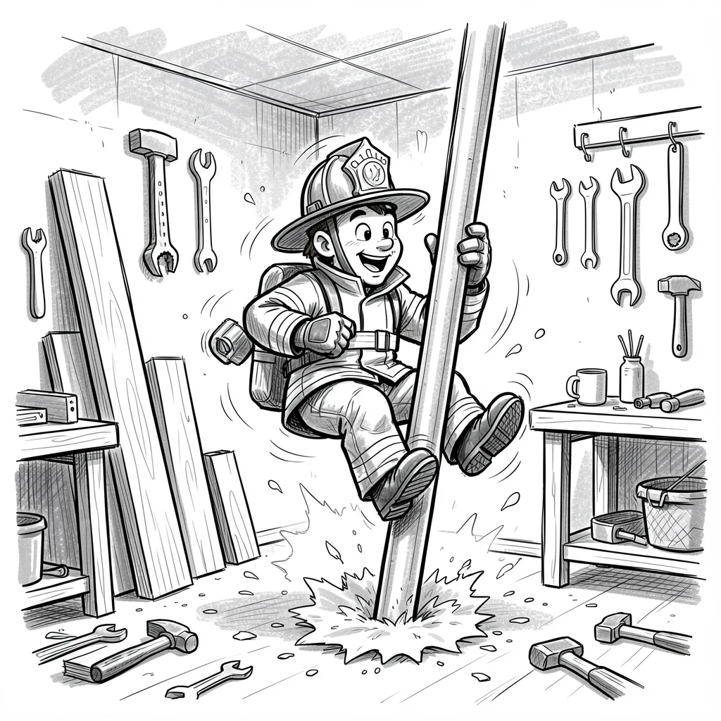 A firefighter sliding down a pole at the station in a workshop filled with sawdust and tools.