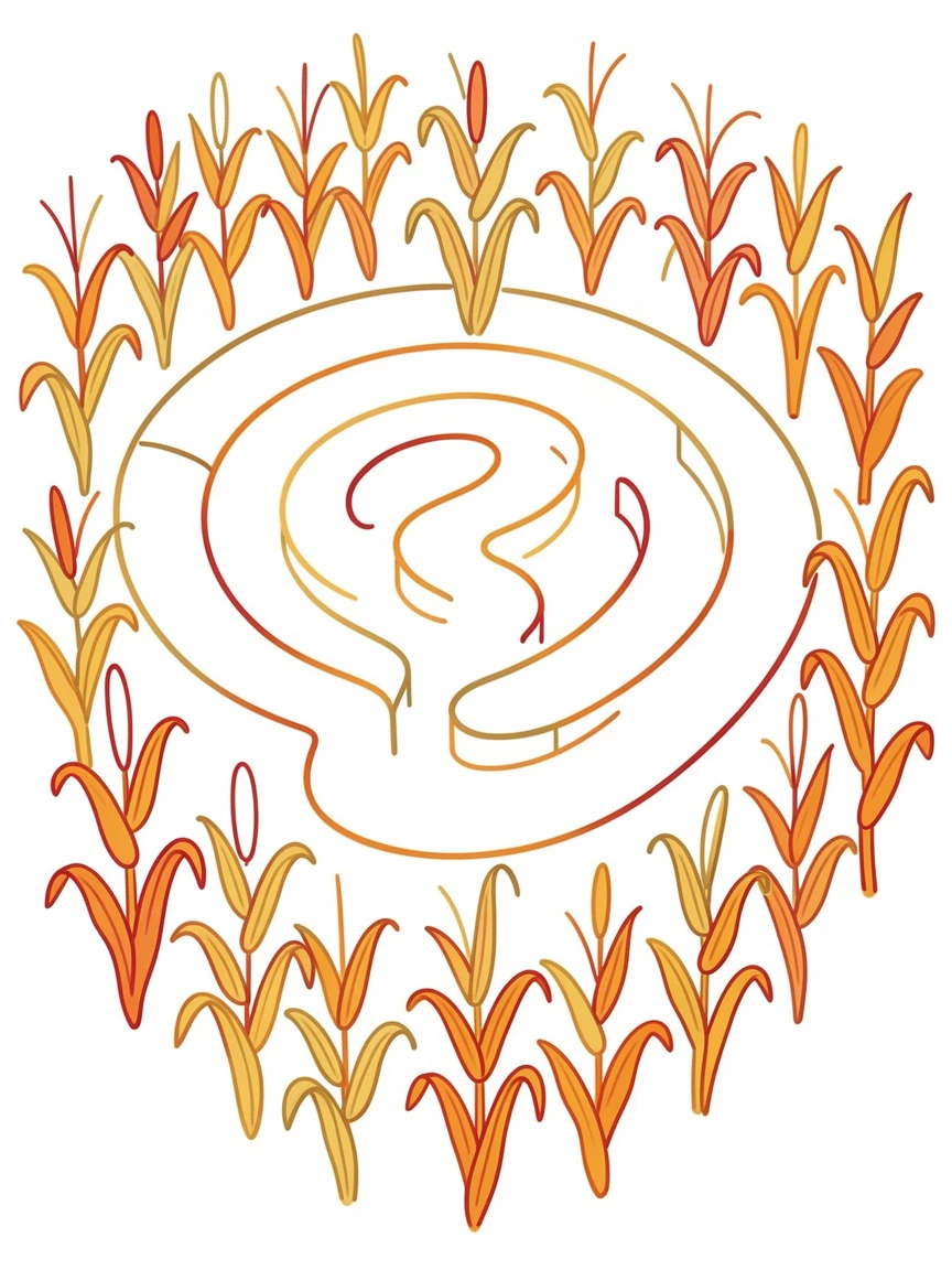 An autumn corn maze scene with pathways cutting through golden stalks.